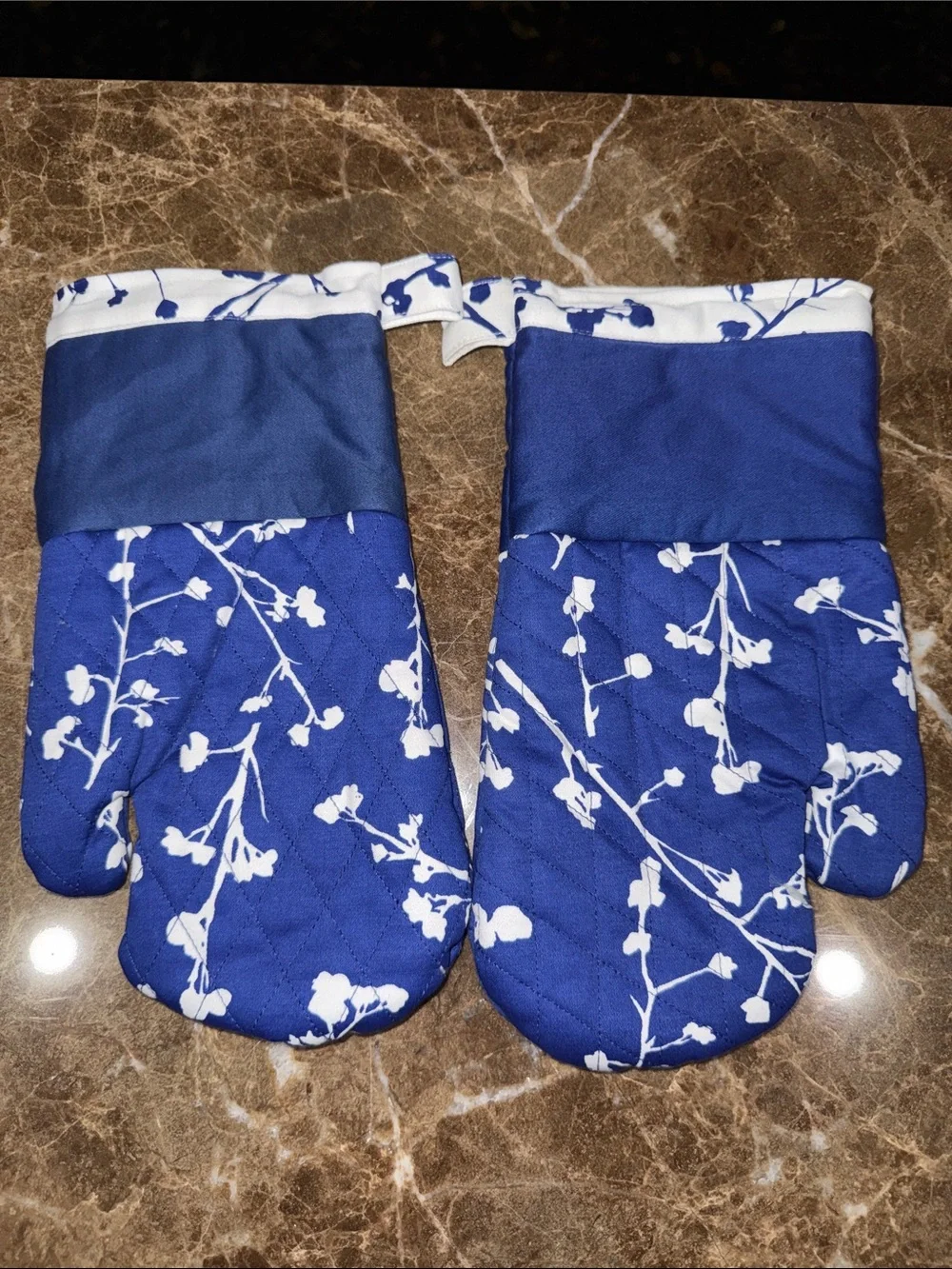 Blue Floral Quilted Oven Mitts with Cuff and Hanging Loop